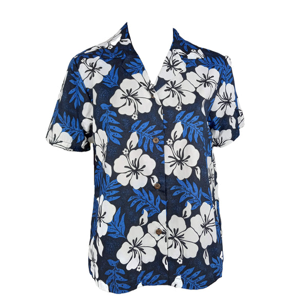 White Hibiscus Fern Women's Hawaiian Camp Shirt