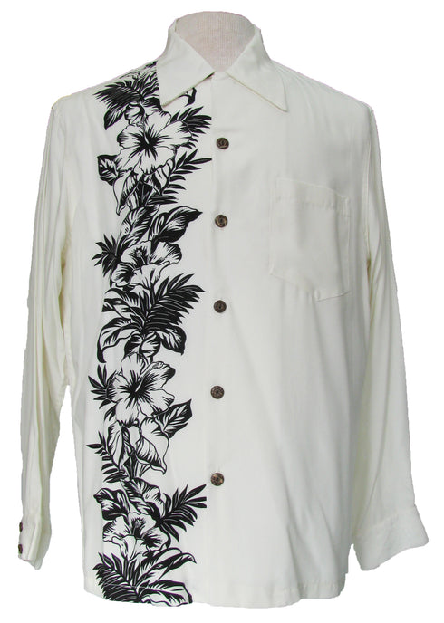Paradise Found Mens Hibiscus Panel Kamehameha Style Long Sleeve Shirt