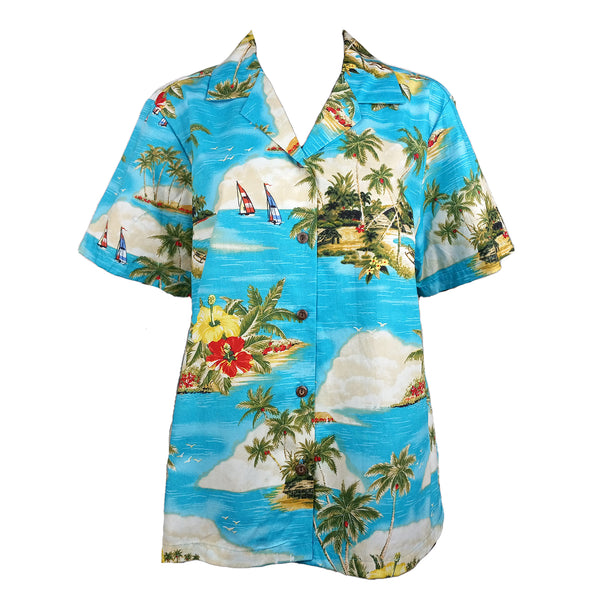 Paradise Island Sailboat Women's Hawaiian Camp Shirt