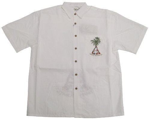 Bamboo Cay Mens Aloha Christmas Happy Holidays Tree Embroidered Shirt