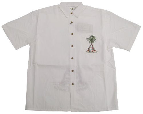 Bamboo Cay Mens Aloha Christmas Happy Holidays Tree Embroidered Shirt
