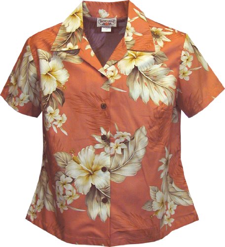 Pacific Legend Women's Plumeria Hibiscus Feather Fern Fitted Shirt
