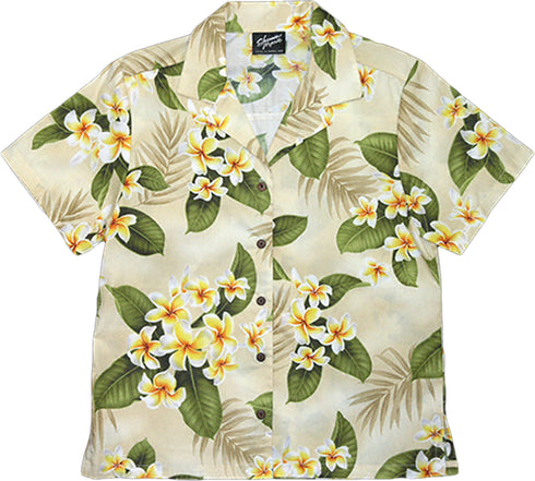 White Yellow Plumeria Women's Hawaiian Camp Shirt