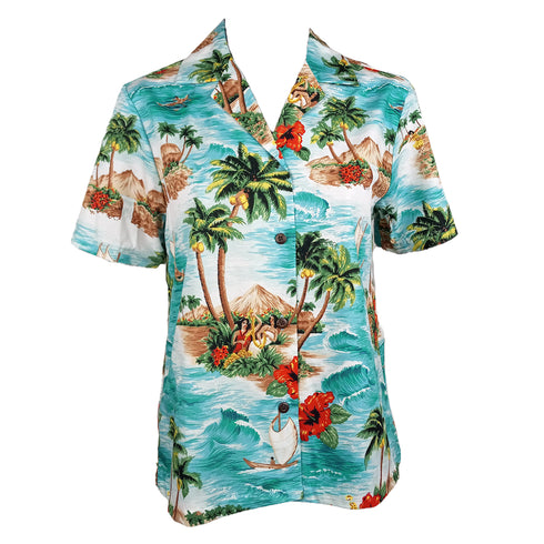 Red Hibiscus Island Women's Hawaiian Camp Shirt