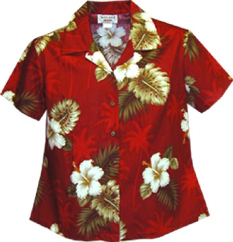 Pacific Legend Women's White Hibiscus Monstera Fitted Shirt