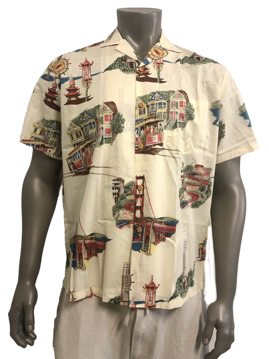 Go Barefoot Antique Hibiscus Navy Cotton Men's Hawaiian Shirt , M