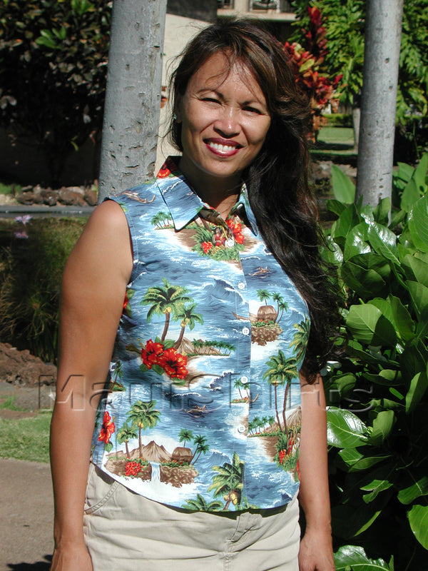 Red Hibiscus Island Women's Fitted Sleeveless Aloha Blouse - Regular Size