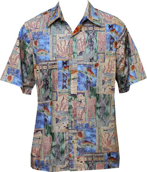 Made in USA - Go Barefoot Men's Honu Turtle Tapa Reverse Aloha Shirt
