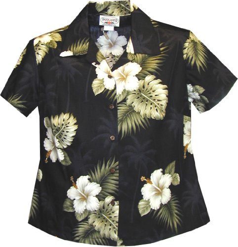 Pacific Legend Women's White Hibiscus Monstera Fitted Shirt