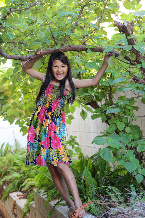 Vibrant Hibiscus Girl's Hawaiian Smocked Dress
