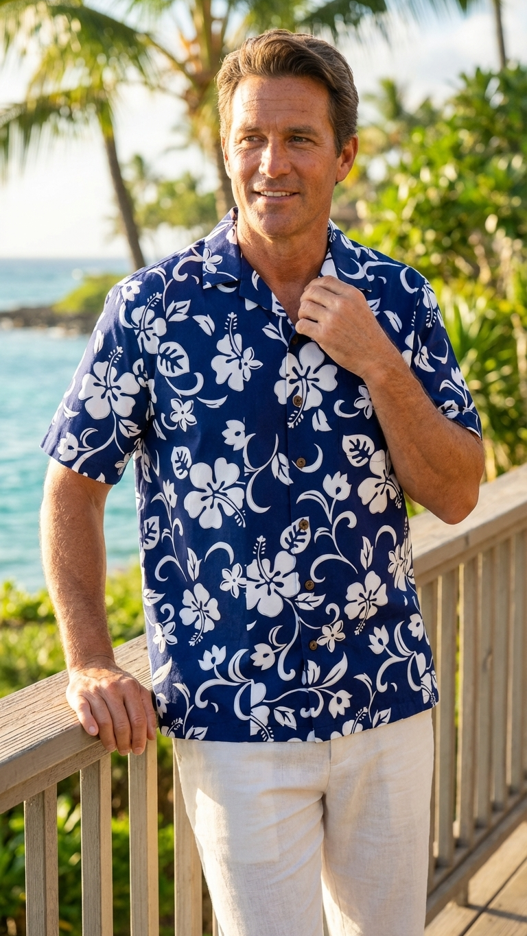 Man in the RJC Original Classic Hibiscus Hawaiian shirt in royal blue on an oceanfront lanai