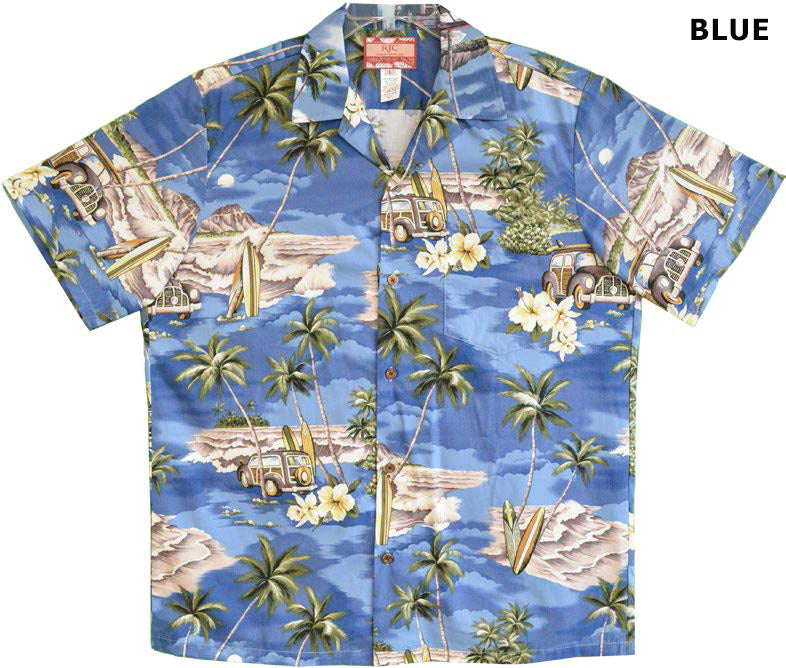 Vintage Hawaiian Aloha Shirt, Woody Cars and Coconut Palms, Rayon