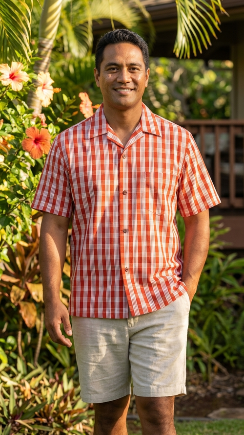 Man wearing the red paniolo palaka plaid Hawaiian shirt in cotton by Pineapple Juice